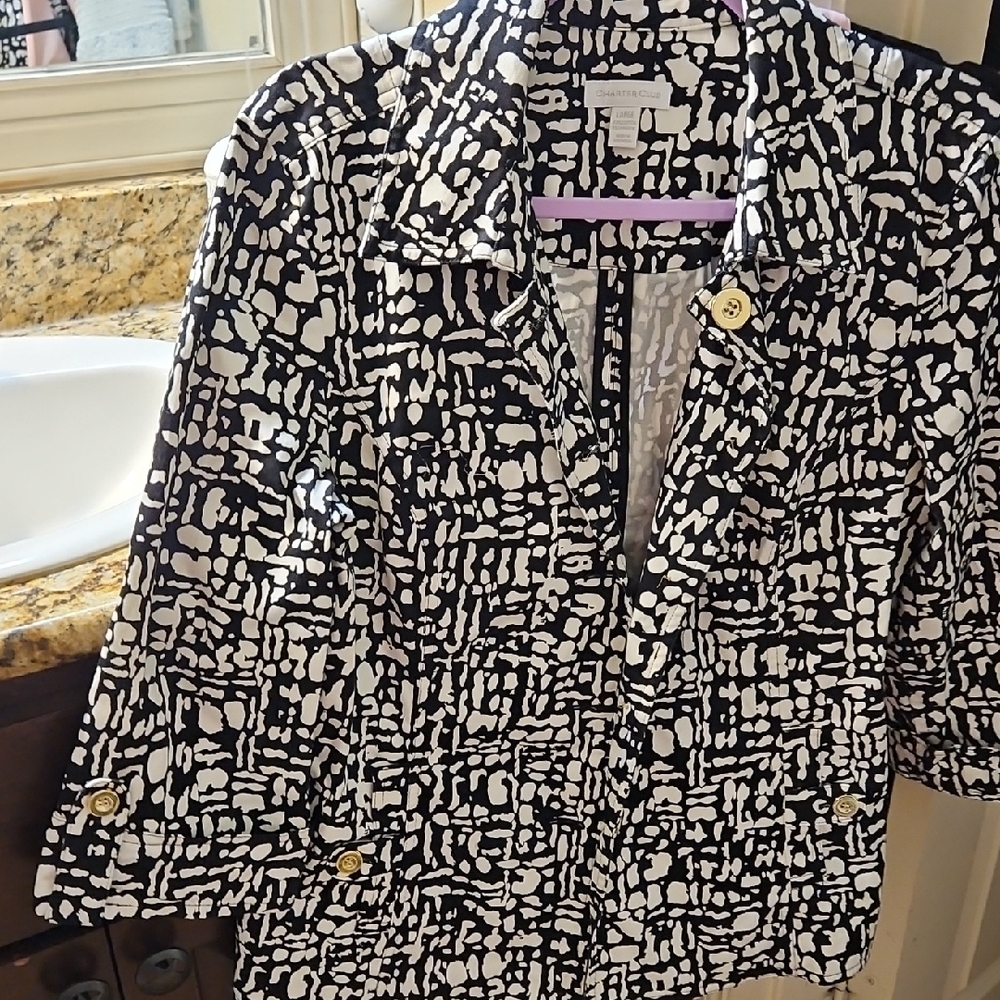 Charter Club Monochrome Abstract Print Jacket W Gold Buttons Size L